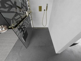 Mexen Kioto+, sprchová zástena s poličkou a držiakom na uteráky 80 x 200 cm, 8mm číre sklo vzor biely, zlatý profil 800-080-121-50-85