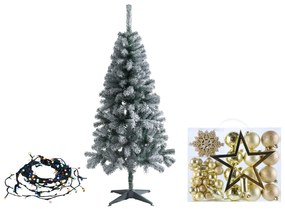 Livarno home Zasnežený umelý vianočný stromček, 150 cm + Farebná svetelná LED reťaz + Ozdoby, zlaté  (800011014)