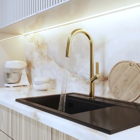 Gamma Awra, kuchynská batéria s vyťahovacou výlevkou a dvojfunkčnou sprchou, zlatá matná, GMA-BAA-BGD