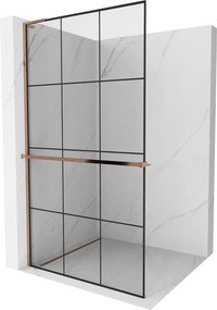 Mexen Kioto+ L, sprchová zástena Walk-In s poličkou a vešiakom 120 x 200 cm, 8mm číre sklo čierny vzor, ružové zlato profil, 800-120-123-60-77