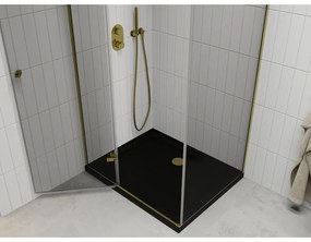 Mexen Roma, sprchovací kút s 1-krídlovými dverami 100 (dvere) x 90 (stena) cm, 6mm číre sklo, zlatý profil, slim sprchová vanička 5cm čierna, 854-100-090-50-00-4070G