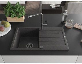 Mexen Bruno, 1-komorový granitový drez 795x495x200 mm a drezová batéria Flora, čierna škvrnitá, 6513-76-670401-08-B