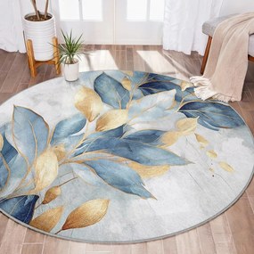 Prateľný okrúhly koberec v modrej a zlatej farbe ø 100 cm Golden Leaves – Mila Home