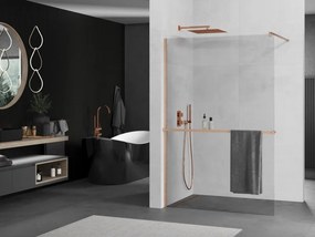 Mexen Kioto+, sprchová zástena Walk-In s poličkou a vešiakom 70 x 200 cm, 8mm číre sklo, medený matný profil, 800-070-121-65-00