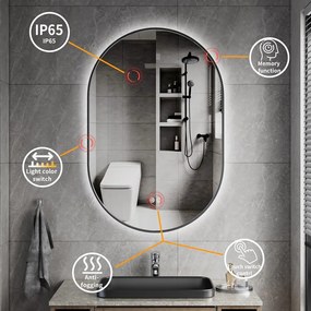 Erga Freya, oválne LED zrkadlo 60x90cm v čiernom kovovom ráme, 3 farby svetla, zadné osvetlenie, vyhrievacia podložka proti zapareniu, ERG-V01-FREYA-6090-BK