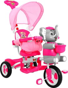 Ramiz Detský trojkolesový bicykel Elephant Ružová + zvuky + strieška + zábrana + opierka na nohy + rukoväť + úložný priestor