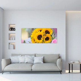 Obraz svadobnej kytice zo slnečníc (120x50 cm)