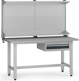 Výškovo nastaviteľný dielenský stôl G5 s nadstavbou, 1500 x 750 x 800-1000 mm, 1x kontajner, 1 zásuvka, grafit