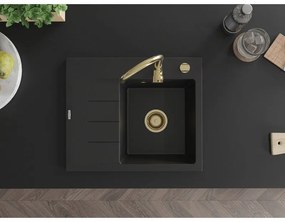 Mexen Ben, 1-komorový granitový drez 600x500x190 mm, pravý + zlatý sifón, čierna, 6523605000-77-G