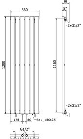 Mexen Oregon, vykurovacie teleso 1200 x 360 mm, 417 W, čierna, W202-1200-350-00-70