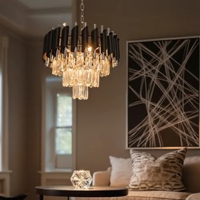 Luster na reťazi CRISTAL 5xE14/10W/230V, priemer 38 cm, čierna / matný chróm