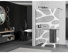 Mexen Kioto+, sprchová zástena Walk-In s poličkou a vešiakom 90 x 200 cm, 8mm číre sklo biely vzor, grafitový profil, 800-090-121-66-97