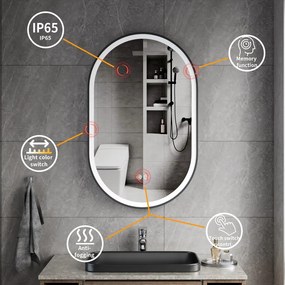 Erga Gwen, oválne LED zrkadlo 50x80cm v čiernom kovovom ráme, 3 farby svetla, predné osvetlenie, vyhrievacia podložka proti zapareniu, ERG-V01-GWEN-5080-BK