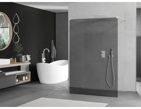 Mexen Kioto, priechodná sprchová zástena 110 x 200 cm, grafit 8 mm, 2x biela stabilizačná rozpera, 800-110-002-20-40