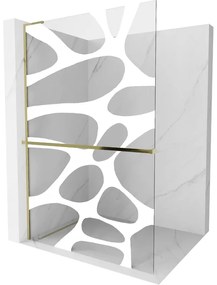 Mexen Kioto+ L, sprchová zástena Walk-In s poličkou a vešiakom 100 x 200 cm, 8mm číre sklo biely vzor, zlatý lesklý profil,800-100-123-50-97