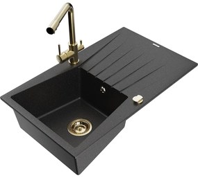 Mexen Cesar, granitový drez 775x470x190 mm, 1-komorový a zlatá batéria Duero, čierna - strieborná metalíza, 6514-73-671600-50