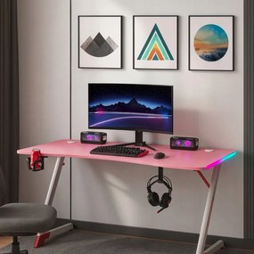 Ružový herný PC stôl s RGB LED osvetlením Šírka: 140 cm