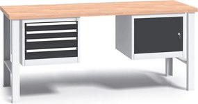 Pracovný stôl do dielne G3 so závesným boxom a skrinkou na náradie, buková škárovka, 4 zásuvky, pevné kovové nohy, 2000 mm, grafit