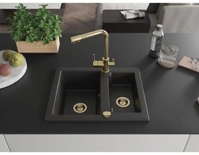 Mexen Carlos, 1,5-komorový granitový drez 582x475x177 mm a drezová batéria Duero, čierna, 6518-77-671600-50