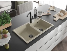Mexen Tomas, 2-komorový granitový drez 800x500x190 mm a drezová batéria Flora, béžová, 6516-69-670401-70-B