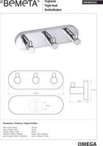 Bemeta Design OMEGA: Vešiak, s 3 háčikmi - 104405232