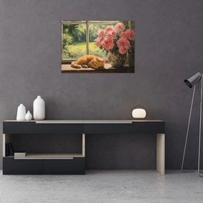 Sklenený obraz - Mačka na okne (70x50 cm)