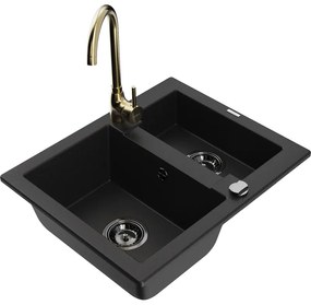 Mexen Carlos, granitový drez 582x475x177 mm, 1,5-komorový a zlatá drezová batéria Telma, čierna, 6518-77-670200-50-B