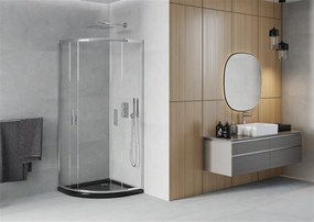 Mexen Rio, štvrťkruhový sprchovací kút s posuvnými dverami 70 x 70 cm, 6mm číre sklo, chrómový profil + čierna sprchová vanička, 863-070-070-01-00-4170