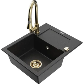 Mexen Enzo, 1-komorový granitový drez 576x465x174 mm a drezová batéria Elia, čierna-strieborná metalíza, 6506-73-670101-50