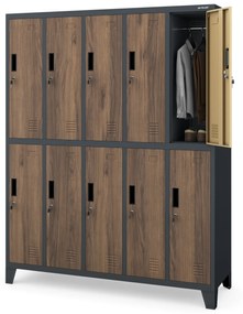 Kovová šatňová boxová skriňa na nôžkach s 10 boxami BARTEK, 1360 x 1720 x 450 mm, Eco Design: antracitová/ dub sonoma