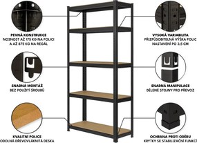 Regál 200x90x30 cm lakovaný 5-policový, nosnosť 875 kg - čierny