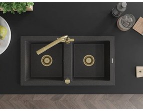 Mexen Mario, 2-komorový granitový drez 820x436x161 mm a zlatá drezová batéria Duero, čierna škvrnitá, 6504-76-671600-50