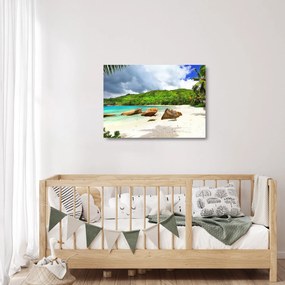 Sklenený obraz - Seychely, pláž Takamaka (70x50 cm)