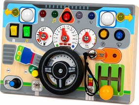 LEAN Toys Drevená vzdelávacia manipulačná tabuľa – volant, svetlá, zvuky