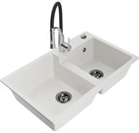 Mexen Tomas, 2-komorový granitový drez 800x500x190 mm a drezová batéria Aster, biela, 6516-20-73450-07-B
