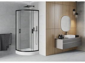 Mexen Rio, štvrťkruhový sprchovací kút s posuvnými dverami 80(dvere) x 80(dvere) x 190 cm, 6mm sklo námraza, čierny profil + biela sprchová vanička RIO, 863-080-080-70-30-4710