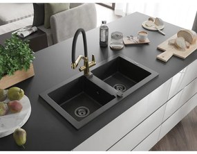Mexen Mario, granitový drez 820x436x161 mm, 2-komorový a drezová batéria Duo, čierna-strieborná metalíza, 6504-73-671701-57-B