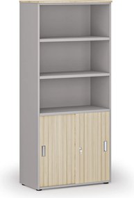 Kombinovaná kancelárska skriňa PRIMO GRAY, zasúvacie dvere na 2 poschodia, 800 x 420 x 1781 mm, sivá/dub prírodný