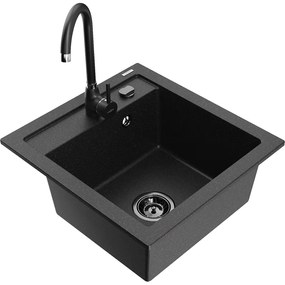Mexen Vito, 1-komorový granitový drez 520x490x210 mm, čierna batéria Telma, čierna-strieborná metalíza, 6503-73-670200-70-B