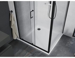 Mexen Apia, sprchový kút s posuvnými dverami 90 (dvere) x 90 (stena) cm, 6mm číre sklo, čierny profil + biela sprchová vanička, 840-090-090-70-00-4010B