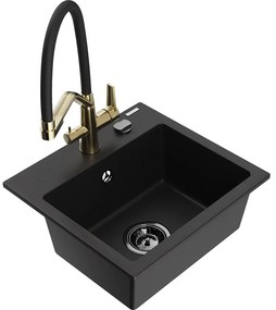 Mexen Milo, granitový drez 435x410x171 mm, 1-komorový a drezová batéria Duo, čierna, 6505-77-671701-57-B