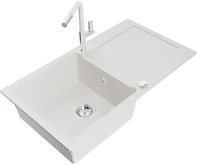 Mexen Leo, 1-komorový granitový drez 900x500x190 mm a drezová batéria Flora, biela, 6501-20-670401-02