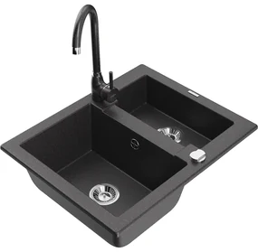 Mexen Carlos, granitový drez 582x475x177 mm, 1,5-komorový a čierna škvrnitá drezová batéria Telma, čierna škvrnitá, 6518-76-670200-76
