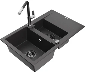 Mexen Gaspar, 1,5-komorový granitový drez 737x475x177 mm a drezová batéria Flora, čierna škvrnitá, 6507-76-670401-07-B