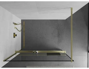 Mexen Kioto+, sprchová zástena Walk-In s poličkou a vešiakom 70 x 200 cm, 8mm číre sklo čierny vzor, zlatý matný profil, 800-070-121-55-70