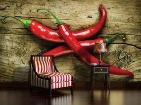 Fototapeta - Chili papričky na dreve (152,5x104 cm)