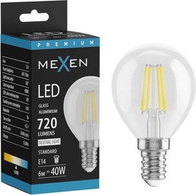Mexen Vintis, LED filamentová žiarovka E14, G45, 6 W, neutrálna biela 4000K, číra, L156-E14-0640-00