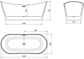 Mexen Montana, voľne stojaca vaňa 180 x 80 cm, biela-čierna, brúsená oceľ prepad, 52011808075-97