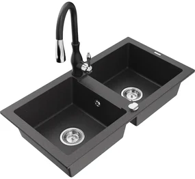 Mexen Mario, 2-komorový granitový drez 820x436x161 mm a drezová batéria Savita, čierna škvrtnitá, 6504-76-672601-70
