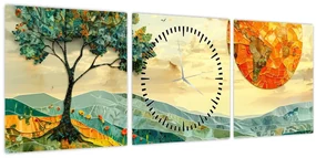 Obraz - Ilustrácia krajiny (s hodinami) (90x30 cm)